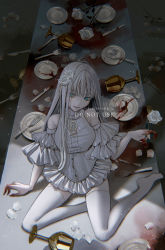 Rule 34 | 1girl, absurdres, blood, blood stain, blue eyes, chalice, cup, dress, flower, fork, frilled dress, frilled sleeves, frills, grey hair, highres, knife, long hair, messy, nekoyama iori, no shoes, on table, original, plate, rose, smile, solo, table, white dress, white hair, white legwear