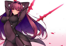 Rule 34 | 1girl, armpits, arms up, blush, bodysuit, breasts, covered navel, dean (momodean), fate/grand order, fate (series), gae bolg (fate), highres, large breasts, long hair, looking at viewer, polearm, purple bodysuit, purple hair, red eyes, scathach (fate), solo, spear, weapon