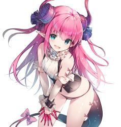 Rule 34 | 1girl, black panties, black pants, blue eyes, bow, dragon tail, elizabeth bathory (fate), elizabeth bathory (fate/extra ccc), elizabeth bathory (second ascension) (fate), fate/grand order, fate (series), floating hair, hair ornament, heart, heart-shaped pupils, highres, horns, leaning forward, long hair, looking at viewer, miwabe sakura, no pants, panties, pants, pink bow, pink hair, pointy ears, simple background, sleeveless, solo, standing, symbol-shaped pupils, tail, tail bow, tail ornament, underwear, v-shaped eyebrows, very long hair, white background, wrist cuffs