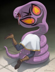 Rule 34 | 1girl, a1 (initial-g), arbok, ass, black background, black eyes, boots, brown footwear, commentary request, creatures (company), crossover, frieren, game freak, gen 1 pokemon, highres, lower body, nintendo, open mouth, pokemon, pokemon (creature), sharp teeth, skirt, snake, sousou no frieren, struggling, stuck, teeth, tongue, tongue out, twitter username, white skirt