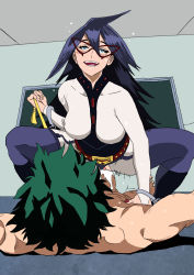 Rule 34 | 1boy, 1girl, absurdres, assertive female, black hair, blue eyes, boku no hero academia, breasts, classroom, clothed female nude male, crotch cutout, girl on top, glasses, green hair, hetero, highres, kokthester, long hair, midnight (boku no hero academia), midoriya izuku, nail polish, nude, on floor, red nails, sex, smile, squatting, tagme, torn clothes, vaginal