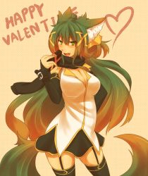 Rule 34 | 1girl, animal ears, black gloves, black thighhighs, breasts, cleavage, elbow gloves, english text, fang, garter straps, gift, gloves, green eyes, green hair, hair ornament, hair ribbon, hairclip, happy valentine, heart, holding, kuromiya, kuromiya raika, large breasts, long hair, matching hair/eyes, open mouth, original, ribbon, scarf, simple background, skirt, smile, solo, tail, thighhighs, valentine, wristband