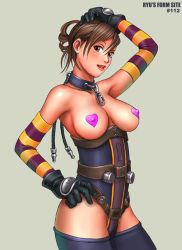 Rule 34 | 1girl, armpits, bare shoulders, breastless clothes, breasts, brown eyes, brown hair, collar, cowboy shot, gloves, grey background, hand on own head, heart pasties, large breasts, pasties, revealing clothes, ryu (ryu&#039;s form site), simple background, smile, solo, striped clothes, striped gloves, thighhighs