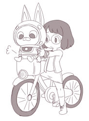Rule 34 | 1girl, animal ears, bicycle, fake animal ears, glasses, helmet, misora inaho, monochrome, nollety, rabbit ears, short hair, simple background, spacesuit, usapyon, watch, white background, wristwatch, youkai (youkai watch), youkai watch, youkai watch (object)