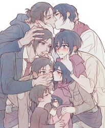 Rule 34 | 4boys, 4girls, age progression, aged down, belt, black hair, black hoodie, black jacket, blue eyes, blush, brown hair, brown jacket, child, closed eyes, closed mouth, collared shirt, commentary request, couple, covering another&#039;s mouth, ear blush, embarrassed, eren yeager, facing another, g321377377, grey pants, hair between eyes, hand on another&#039;s cheek, hand on another&#039;s face, hand on another&#039;s head, hand on another&#039;s shoulder, heart, holding, holding clothes, holding hands, holding scarf, hood, hood down, hoodie, jacket, kiss, kissing cheek, kissing forehead, kissing hand, long sleeves, looking at another, medium hair, mikasa ackerman, multiple boys, multiple girls, multiple persona, necktie, one eye closed, open clothes, open jacket, own hands together, pants, paradis military uniform, parted lips, pink jacket, praying, red necktie, red scarf, scarf, shingeki no kyojin, shirt, short hair, shy, white background, white shirt
