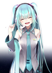 Rule 34 | 1girl, :d, absurdres, black hairband, black skirt, black sleeves, blue hair, blue necktie, blush, closed eyes, collared shirt, copyright name, detached sleeves, facing viewer, fangs, grey shirt, hairband, hatsune miku, headphones, highres, long hair, long sleeves, necktie, open mouth, pleated skirt, samayoi, shirt, skirt, sleeveless, sleeveless shirt, smile, solo, standing, twintails, very long hair, vocaloid, white background, wing collar