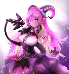 Rule 34 | 1girl, arm strap, asymmetrical horns, bare shoulders, blonde hair, bow, bowtie, breasts, chest harness, commentary request, demon girl, demon horns, finger heart, green eyes, grin, hair ornament, harness, headphones, headphones around neck, heart, highres, holding, holding microphone, holding with tail, hololive, horn bow, horn ornament, horns, long hair, looking at viewer, mano aloe, microphone, multicolored hair, nakunaro, pink bow, pink bowtie, pink hair, pointy ears, prehensile tail, shirt, skirt, sleeveless, sleeveless shirt, smile, solo, tail, teeth, two-tone hair, uneven horns, virtual youtuber, white shirt, wrist cuffs