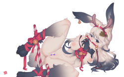 Rule 34 | 1girl, :3, ahoge, animal ears, animal hands, antlers, artist name, barefoot, bdsm, bell, bit gag, black hair, blush, bondage, bound, bound wrists, bow, breasts, candy, candy cane, censored, christmas, clitoral hood, clitoris, closed mouth, ear piercing, fake antlers, fang, female focus, food, furry, furry female, gag, gradient hair, hairband, half-closed eyes, hands up, happy, heart, heart censor, highres, holly, horns, jingle bell, leg lift, leg up, lin mzhh, long hair, looking at viewer, lying, medium breasts, mole, mole under eye, mouth hold, multicolored hair, nipples, nose blush, nude, on side, original, piercing, pussy, rabbit ears, rabbit tail, red bow, red hairband, red ribbon, ribbon, ribbon bondage, signature, simple background, smile, solo, spread legs, spreader bar, tail, transparent censoring, white background, white hair