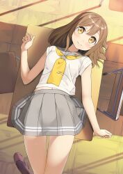 Rule 34 | 1girl, absurdres, blush, brown eyes, brown hair, classroom, commentary request, desk, from above, grey skirt, highres, kunikida hanamaru, loafers, looking at viewer, love live!, love live! sunshine!!, lying, medium hair, navel, neckerchief, on back, pleated skirt, school desk, shirt, shoes, short sleeves, skirt, smile, solo, tsubure manjuu, white shirt, yellow neckerchief