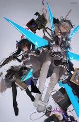 Rule 34 | 10s, 2girls, alternate costume, apron, arm up, armpits, artist name, black gloves, black hair, black heart (neptunia), black legwear, blue eyes, book, bow, bowtie, breasts, cable, character name, controller, d-pad, dress, dual persona, elbow gloves, english text, enmaided, female focus, frilled dress, frills, from above, full body, game console, game controller, gamepad, garter straps, gloves, grey background, guitar, hair ornament, highres, holding, instrument, long hair, looking at viewer, maid, maid headdress, mechanical wings, medium breasts, mop, multiple girls, neptune (neptunia), neptune (series), no shoes, noire (neptunia), novelance, playstation 4, purple hair, red eyes, ribbon-trimmed apron, ribbon trim, short hair, sleeveless, sleeveless dress, thighhighs, twintails, video camera, white hair, white legwear, wings