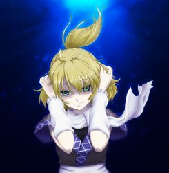 Rule 34 | 1girl, arm warmers, blonde hair, blue background, dark, dress, female focus, green eyes, hands on own head, isaki (gomi), mizuhashi parsee, ponytail, sad, scarf, shaded face, short sleeves, solo, touhou, underwater, white scarf