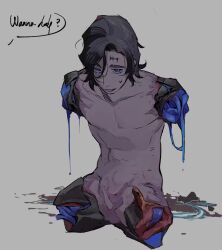 Rule 34 | 1boy, amputee, blood, blue eyes, commentary request, completely nude, english text, full body, grey background, grey hair, grin, guro, highres, looking at viewer, male focus, muted color, nude, original, quadruple amputee, short hair, simple background, sitting, smile, solo, yulei yuuuuu