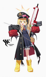 Rule 34 | 1girl, :d, absurdres, assault rifle, black coat, black dress, black hat, black ribbon, black wings, blonde hair, bloomers, blue archive, boots, bow, character name, coat, demon wings, dress, english text, full body, gehenna academy logo, gun, h&amp;k hk416, hair ribbon, halo, hands up, hat, hat bow, hat ornament, heart, heart hat ornament, highres, holding, holding gun, holding weapon, ibuki (blue archive), long hair, long sleeves, low wings, neck ribbon, open clothes, open coat, open mouth, oversized clothes, peaked cap, pinafore dress, pink bow, red ribbon, ribbon, rifle, sleeveless, sleeveless dress, sleeves past fingers, sleeves past wrists, smile, solo, underwear, weapon, white background, white bloomers, wings, xintianou, yellow eyes, yellow footwear, yellow halo