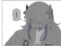 Rule 34 | 1girl, alternate hairstyle, bags under eyes, blush, cevio, coat, colored tongue, commentary, disembodied limb, embarrassed, fangs, finger in another&#039;s mouth, furrowed brow, greyscale, hair ornament, hair over one eye, high collar, highres, isozaki (iso zaki54), kamitsubaki studio, long hair, looking at viewer, monochrome, multicolored hair, nose blush, one eye covered, open mouth, purple hair, purple tongue, sanpaku, sekai (cevio), sidelocks, simple background, solo focus, speech bubble, spot color, streaked hair, tongue, tongue grab, tongue out, translated, upper body