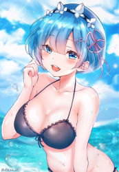 Rule 34 | 1girl, bare arms, bare shoulders, bikini, black bikini, blue eyes, blue hair, blue sky, blurry, blurry background, blush, breasts, cleavage, cloud, cloudy sky, collarbone, commentary request, day, hair ornament, hair ribbon, highres, large breasts, looking at viewer, maid headdress, navel, ocean, open mouth, outdoors, partial commentary, re:zero kara hajimeru isekai seikatsu, rem (re:zero), ribbon, short hair, sky, smile, solo, swimsuit, teeth, upper body, upper teeth only, water, x hair ornament, yu lei