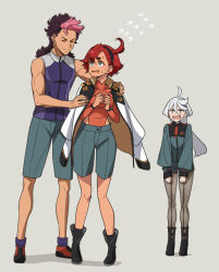 Rule 34 | 1boy, 2girls, absurdres, adjusting another&#039;s clothes, ahoge, aqua eyes, asticassia school uniform, bare shoulders, black footwear, black hair-chan (ramchi), blunt ends, boots, breasts, brown hair, closed eyes, full body, green jacket, green shorts, grey background, grey eyes, grey hair, guel jeturk, gundam, gundam suisei no majo, hair between eyes, highres, jacket, jacket on shoulders, long hair, long sleeves, looking at another, medium breasts, miorine rembran, mole, mole under eye, mullet, multicolored hair, multiple girls, open mouth, orange shirt, own hands together, pantyhose, pink hair, purple shirt, red hair, school uniform, shirt, short hair, shorts, sleeveless, sleeveless shirt, smile, standing, suletta mercury, sweat, thick eyebrows, tokunou shoutarou, toned, toned male, two-tone hair, wavy mouth, white jacket