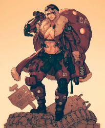 Rule 34 | 1girl, abs, black footwear, black pants, breasts, cleavage, coat, cyberpunk, cyborg, fur trim, gloves, goggles, goggles on head, grey eyes, gun, highres, junk, large breasts, light brown hair, looking at viewer, medium hair, merry christmas, navel, over shoulder, pants, parted lips, pouch, rebar, red coat, red legwear, sack, sign, simple background, solo, standing, strap, weapon, wei (kaminari0411)