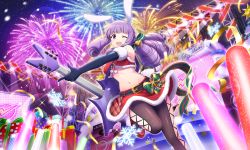 Rule 34 | 1girl, animal ears, artist request, bell, bikini, blush, breasts, christmas, christmas present, chuchu (show by rock!!), dress, drill hair, fireworks, fishnet legwear, fishnets, gift, guitar, hair bell, hair ornament, instrument, long hair, looking at viewer, navel, official art, one eye closed, open mouth, purple eyes, purple hair, rabbit ears, rabbit girl, rabbit tail, santa bikini, santa dress, show by rock!!, smile, solo, swimsuit, tail, underboob