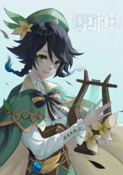 Rule 34 | 1boy, absurdres, bard, black hair, blue background, blue hair, bow, braid, cape, flower, frilled sleeves, frills, genshin impact, gradient hair, green eyes, green hat, hair flower, hair ornament, hat, highres, holding, holding instrument, instrument, leaf, long sleeves, looking at viewer, lyre, male focus, mc-sm, multicolored hair, open mouth, simple background, smile, solo, trap, twin braids, venti (genshin impact), vision (genshin impact), white flower