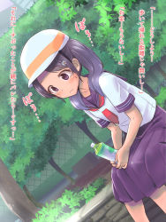 Rule 34 | 1girl, black hair, blue skirt, bottle, commentary request, crying, crying with eyes open, day, helmet, highres, ishii (isuwie), long hair, original, outdoors, purple eyes, school uniform, serafuku, shirt, sitting, sitting on wall, skirt, solo, tears, translation request, tree, twintails, wall, white shirt