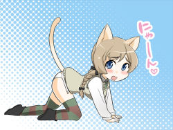 Rule 34 | 1girl, all fours, animal ears, blue eyes, blush, braid, brown hair, cat ears, cat girl, cat tail, female focus, hekyu, long hair, looking at viewer, lynette bishop, necktie, open mouth, panties, ponytail, single braid, solo, strike witches, tail, thighhighs, underwear, white panties, world witches series