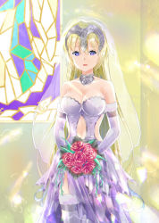 Rule 34 | 1girl, bad id, bad pixiv id, bare shoulders, blonde hair, blue eyes, bouquet, breasts, bridal veil, bride, cleavage, clothing cutout, dress, elbow gloves, fate/apocrypha, fate/grand order, fate (series), flower, gloves, jeanne d&#039;arc (fate), jeanne d&#039;arc (ruler) (fate), large breasts, long hair, navel cutout, priyaphr, solo, stained glass, thighhighs, veil, wedding, wedding dress