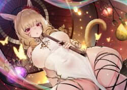 Rule 34 | 1girl, animal ears, blonde hair, breasts, cat ears, cat tail, dress, drill hair, dutch angle, facial mark, final fantasy, final fantasy xiv, from below, highres, large breasts, long hair, miqo&#039;te, oil-paper umbrella, pelvic curtain, red eyes, solo, tail, teddy (khanshin), twin drills, umbrella, warrior of light (ff14), whisker markings, white dress