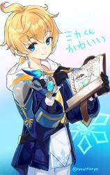 Rule 34 | 1boy, ahoge, black gloves, blonde hair, blue eyes, blue jacket, book, earrings, genshin impact, gloves, highres, holding, holding quill, hood, hoodie, jacket, jewelry, male focus, medium hair, mika (genshin impact), necktie, quill, ryou@ryou, short ponytail, smile, solo, translated, vision (genshin impact), white hoodie, yellow necktie