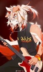 Rule 34 | 1boy, absurdres, animal ears, arknights, bass guitar, black pants, black tank top, bracelet, chinese commentary, colored tips, commentary request, earpiece, furry, furry male, highres, holding, holding instrument, holding plectrum, horns, hung (arknights), instrument, jewelry, male focus, multicolored hair, necklace, pants, plectrum, ponytail, profile, seikaze, single horn, tail, tank top, weibo watermark