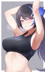 Rule 34 | 1girl, armpits, arms up, black hair, blue hair, blush, breasts, embarrassed, gilijim, girls&#039; frontline, grey background, hair ornament, hands up, highres, jericho (girls&#039; frontline), large breasts, looking at viewer, medium breasts, mole, mole under eye, multicolored hair, navel, parted lips, pink eyes, solo, streaked hair, sweat, tank top, two-tone background, upper body, white background