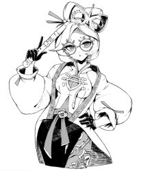 Rule 34 | 1girl, breasts, commentary request, flute, glasses, gloves, greyscale, hair ornament, hand on own hip, highres, holding, holding instrument, instrument, kuroi susumu, looking at viewer, medium breasts, monochrome, nintendo, purah, round eyewear, short hair, simple background, solo, the legend of zelda, the legend of zelda: tears of the kingdom, white background