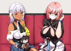 Rule 34 | 2girls, :d, adam (honkai impact), black gloves, black leotard, blue jacket, bob cut, breasts, carole peppers, clothes around waist, couch, dark-skinned female, dark skin, doll, earrings, fingerless gloves, gloves, grey eyes, hair ornament, hairclip, holding, honkai (series), honkai impact 3rd, jacket, jacket around waist, jewelry, large breasts, leotard, lion space, looking at viewer, mask, mouth mask, multiple girls, off shoulder, open mouth, pants, pink hair, shirt, short hair, short sleeves, single earring, single glove, sitting, smile, stuffed toy, timido cute, white gloves, white hair, white pants, white shirt, yellow eyes
