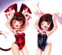 Rule 34 | 2girls, alternate costume, animal ear hairband, animal ear piercing, animal ears, armpits, arms up, black leotard, bow, bowtie, breasts, brown hair, carrot necklace, cat ears, cat tail, chen, cleavage, commentary request, contrapposto, covered navel, cowboy shot, earrings, fake animal ears, forked tail, gluteal fold, hairband, highres, inaba tewi, jewelry, leotard, multiple girls, necklace, nekomata, nemonadi, no headwear, petite, pinky out, rabbit ears, rabbit pose, red leotard, short hair, simple background, single earring, small breasts, tail, touhou, white background