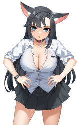 Rule 34 | 1girl, :o, absurdres, animal collar, animal ears, black hair, black skirt, breasts, button gap, cat ears, cat girl, cleavage, collar, collarbone, covered erect nipples, cowboy shot, dopamine70, downblouse, facial mark, grey eyes, hands on own hips, highres, large breasts, leaning forward, long hair, miniskirt, mole, mole on breast, original, partially unbuttoned, pleated skirt, school uniform, shirt, simple background, skirt, solo, straight-on, swept bangs, white background, white shirt