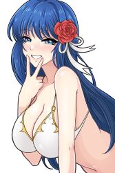 Rule 34 | 1girl, alternate costume, bare shoulders, bikini, blue eyes, blue hair, breasts, caeda (fire emblem), cleavage, commentary request, fire emblem, fire emblem: shadow dragon and the blade of light, flower, grin, hair flower, hair ornament, hair ribbon, hand up, highres, large breasts, long hair, looking at viewer, navel, nintendo, nirainini, red flower, red rose, ribbon, rose, simple background, smile, solo, stomach, swimsuit, upper body, v, very long hair, white background, white bikini, white ribbon