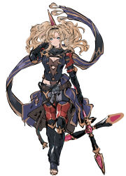 Rule 34 | 1girl, armor, blonde hair, blue eyes, boots, braid, breasts, cleavage, full body, gloves, granblue fantasy, hair intakes, hair ornament, hairband, highres, jacket, large breasts, long hair, looking at viewer, pants, scarf, shimatani azu, solo, thighhighs, twintails, weapon, zeta (granblue fantasy)