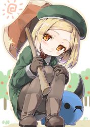 Rule 34 | 1girl, babe (fate), boots, closed mouth, collared shirt, cura, dot nose, fate/grand order, fate (series), full body, gloves, green hat, green jacket, grey footwear, grey gloves, grey pantyhose, hat, head tilt, jacket, long hair, looking at viewer, orange eyes, outdoors, pantyhose, parted bangs, paul bunyan (fate), shirt, short hair, smile, solo, squatting, sun, wing collar