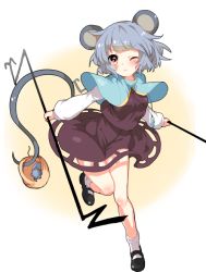 Rule 34 | 1girl, animal ears, basket, capelet, grey hair, mouse (animal), mouse ears, mouse tail, nazrin, one eye closed, paragasu (parags112), red eyes, rod, solo, tail, thighs, touhou