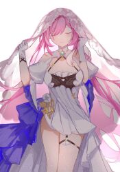Rule 34 | 1girl, annnnq, breasts, cleavage, closed eyes, dress, elysia (herrscher of human:ego) (honkai impact), elysia (honkai impact), gloves, highres, honkai (series), honkai impact 3rd, large breasts, long hair, pink hair, simple background, solo, standing, thigh strap, veil, very long hair, white background, white dress, white gloves