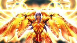 Rule 34 | 1other, armor, arms up, blue hair, breastplate, closed mouth, cowboy shot, dark blue hair, dark skin, earrings, fate/grand order, fate (series), fighting stance, floating, glowing, glowing armor, golden wings, hair between eyes, jewelry, laser, long hair, long sleeves, looking at viewer, looking down, magic circle, male focus, q307011598, red eyes, romulus (fate), romulus quirinus (fate), solo, upper body, wings