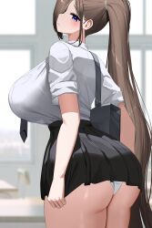 Rule 34 | 1girl, :3, absurdres, ass, bag, black skirt, blue eyes, blurry, blurry background, blush, breast pocket, breasts, brown hair, chair, classroom, closed mouth, collared shirt, commentary request, curvy, day, desk, fang, head tilt, highres, huge breasts, indoors, long hair, necktie, nicorima, original, panties, pleated skirt, pocket, ponytail, revision, school bag, school chair, school desk, school uniform, shirt, shirt tucked in, short sleeves, skirt, solo, standing, tented shirt, thick thighs, thighs, underbutt, underwear, very long hair, wedgie, white panties, white shirt, window
