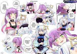 Rule 34 | puff of air, amane kanata, angel wings, bibi (tokoyami towa), black shorts, blue hair, bottle, colored inner hair, commentary, cropped jacket, drinking, drinking straw, ear piercing, english commentary, english text, closed eyes, fangs, fishnet legwear, fishnets, flying sweatdrops, green eyes, green nails, hair ornament, hair over one eye, hairclip, head-mounted display, highres, hololive, jacket, kamejikiriga, multicolored hair, nail polish, piercing, pink hair, pout, purple eyes, purple hair, shorts, silver hair, sitting, thought bubble, tokoyami towa, twintails, two-tone hair, virtual youtuber, water bottle, white jacket, wings
