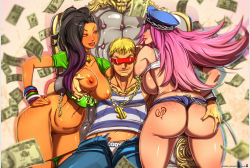 Rule 34 | 1boy, 2girls, ass, ass grab, ass tattoo, asymmetrical hair, black hair, bottomless, breasts, capcom, cody travers, curvy, dark skin, final fight, from behind, glasses, heart, heart tattoo, highres, huge ass, jewelry, kamina1978, large breasts, laura matsuda, money, multiple girls, necklace, nipples, open fly, pimp, pink hair, poison (final fight), pubic hair, street fighter, street fighter v, sunglasses, tattoo, thick thighs, thighs, throne, underwear, wide hips