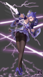 Rule 34 | 1girl, absurdres, artist name, ass, attack, bare shoulders, breasts, detached sleeves, dress, dwtart, from behind, genshin impact, gloves, grey background, hair ornament, hairpin, high heels, highres, keqing (genshin impact), lightning, long hair, looking at viewer, looking back, pantyhose, purple dress, purple eyes, purple hair, short dress, skirt, solo, sword, twintails, very long hair, weapon