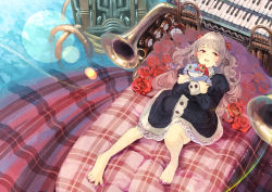 Rule 34 | 1girl, barefoot, bed sheet, brown hair, dress, facing viewer, feet, flower, full body, furukawa itsuse, grin, hair ribbon, highres, hug, instrument, keyboard (instrument), legs, long hair, long sleeves, lying, nail polish, on back, original, piano, pink nails, plaid, red eyes, red flower, red rose, ribbon, rose, silver hair, smile, solo, spread toes, stuffed toy, toenail polish, toenails, toes, trumpet, wavy hair