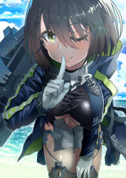 Rule 34 | 1girl, ;), ahoge, azur lane, backlighting, baltimore (azur lane), black shirt, black thighhighs, blue coat, blue sky, blush, braid, breasts, brown hair, center opening, character name, closed mouth, clothes writing, clothing cutout, cloud, coat, commentary request, covered erect nipples, cowboy shot, day, dress, foreshortening, french braid, garter straps, gloves, hair between eyes, hand on own thigh, hand up, highres, hood, hood down, hooded coat, index finger raised, large breasts, leaning forward, lens flare, looking at viewer, multicolored coat, navel, ocean, one eye closed, outdoors, pelvic curtain, revision, rigging, rundymentos, shiny clothes, shirt, short hair, side slit, sidelocks, skindentation, sky, smile, solo, standing, stomach, stomach cutout, taut clothes, taut shirt, thighhighs, underboob, underboob cutout, white dress, white gloves, yellow eyes, zipper, zipper pull tab