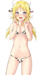 Rule 34 | 1girl, :d, absurdres, ahoge, animal ears, animal print, bare arms, bare shoulders, bikini, blonde hair, blush, breasts, chinese zodiac, cleavage, commentary request, cow ears, cow horns, cow print, double v, groin, hachimiya meguru, hands up, highres, horns, idolmaster, idolmaster shiny colors, long hair, looking at viewer, low twintails, mitsumine raimu, navel, open mouth, print bikini, simple background, small breasts, smile, solo, sweat, swimsuit, twintails, v, white background, white bikini, year of the ox