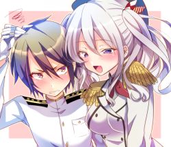Rule 34 | 10s, 1boy, 1girl, admiral (kancolle), age difference, aizawa chihiro, blush, brown hair, epaulettes, gloves, grimace, hand on another&#039;s head, hat, kantai collection, kashima (kancolle), little boy admiral (kancolle), military, military uniform, naval uniform, open mouth, purple eyes, red eyes, silver hair, squiggle, twintails, uniform