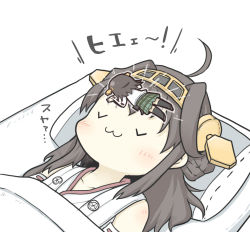 Rule 34 | 10s, 2girls, :3, ahoge, bad id, bad pixiv id, blanket, brown hair, closed eyes, cold pack, commentary request, detached sleeves, futon, hair bun, hairband, hiei (kancolle), kantai collection, kongou (kancolle), long hair, lying, mini person, minigirl, multiple girls, nontraditional miko, on back, short hair, single hair bun, size difference, sleeping, thighhighs, translation request, yuasan