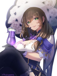 Rule 34 | 1girl, breasts, brown hair, cleavage, crossed legs, cup, drink, drinking glass, earrings, flower, genshin impact, gloves, green eyes, hat, highres, itsumono katze, jewelry, lisa (genshin impact), looking at viewer, medium breasts, rose, side ponytail, simple background, sitting, smile, solo, thighhighs, white background, witch hat